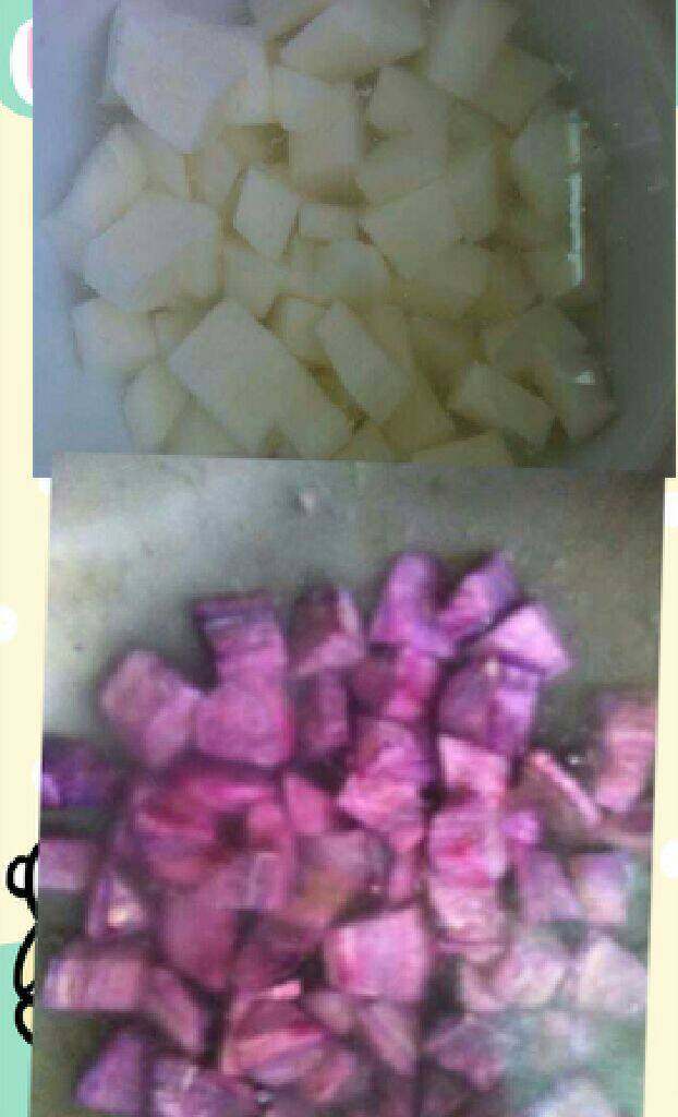 山药紫薯银耳,山药切好后用水泡着不然很快会黑,紫薯切小块,