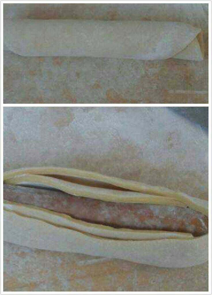 自制沙琪玛,撒些干粉在下面,把面皮卷成这样再从中间切开