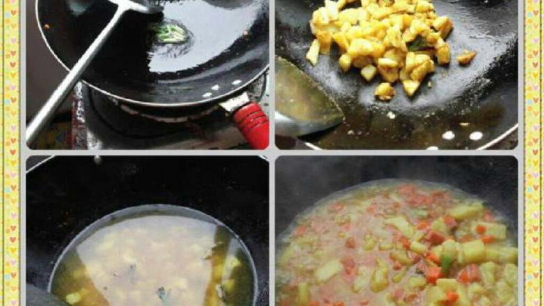 咖喱猪扒饭,锅里倒油烧热,放入一些咖喱粉后,倒入土豆拌炒一会倒入适量的水煮5分钟,加入原来炒好的胡萝卜丁煨煮10分钟。