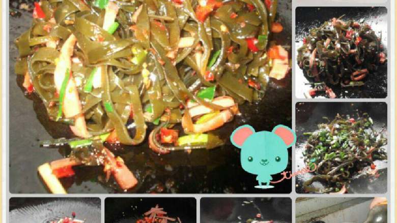 小炒海带丝,锅里倒油烧热，倒入蒜末和小红椒爆香，倒入切好的海带丝和火腿丝炒熟即可
