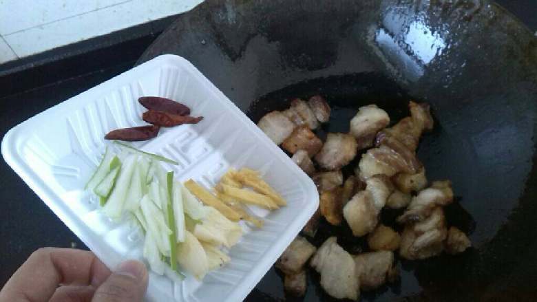 ≈干煸豆角梅菜烧回锅肉≈,煮好的五花肉晾凉切片，然后入锅煸炒出油，接着加入大葱，生姜，<a style='color:red;display:inline-block;' href='/shicai/ 86474'>干辣椒</a>翻炒