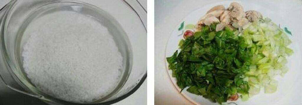 蘑菇瘦肉粥,提前1小时用水泡米。（泡过水的米比较容易煲煮）<a style='color:red;display:inline-block;' href='/shicai/ 3340'>上海青</a>切丁、<a style='color:red;display:inline-block;' href='/shicai/ 2914'>蘑菇</a>切片备用。