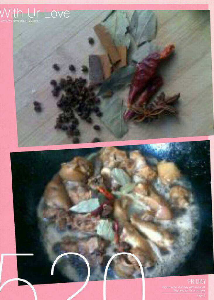 红烧猪蹄,各种香料,将香料放入锅中,再放几个姜片,适量盐,少许香醋,翻炒均匀。