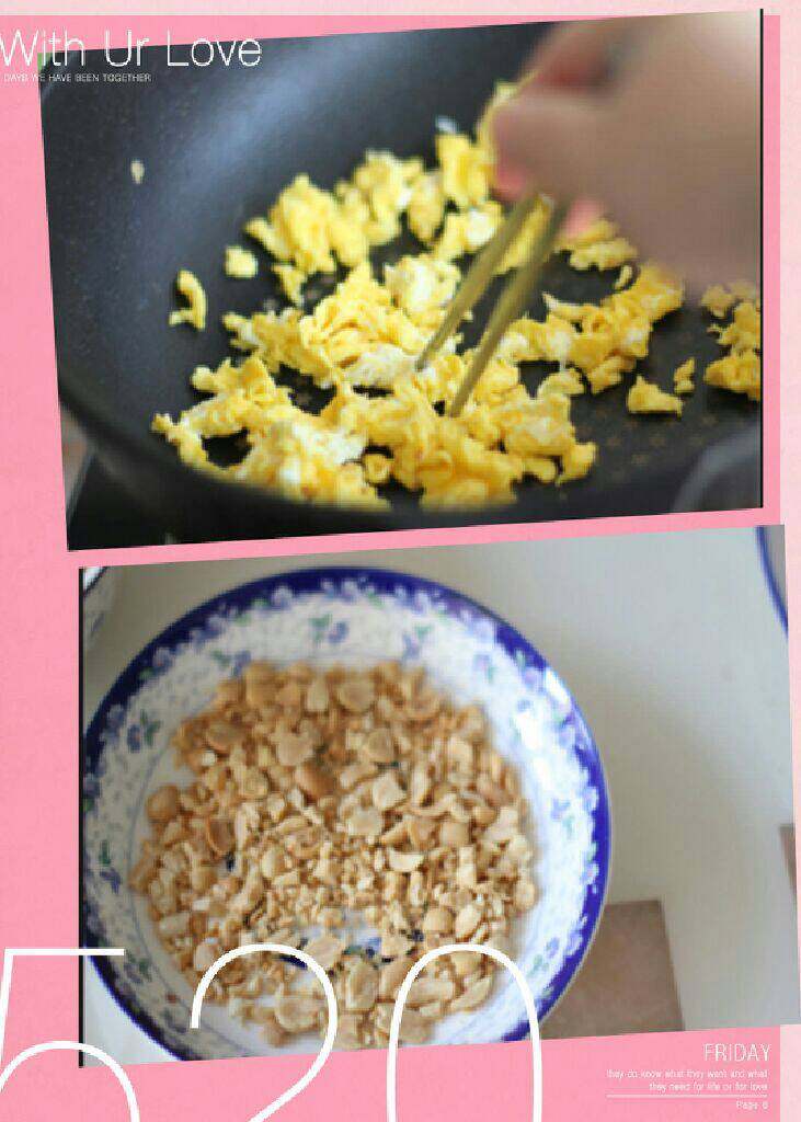 菠萝饭,锅中倒入橄榄油,待六成热时,倒入打散的鸡蛋,炒成鸡蛋碎,盛出备用。将花生用擀面杖擀成花生碎备用,不用太碎即可。