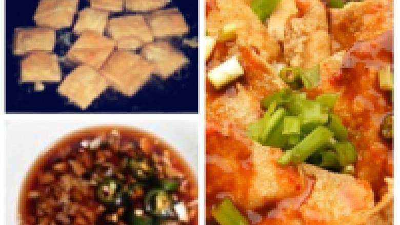 臭豆腐,锅中放油，把腌好的豆腐干炸至两面金黄就可以配上料汁来吃了