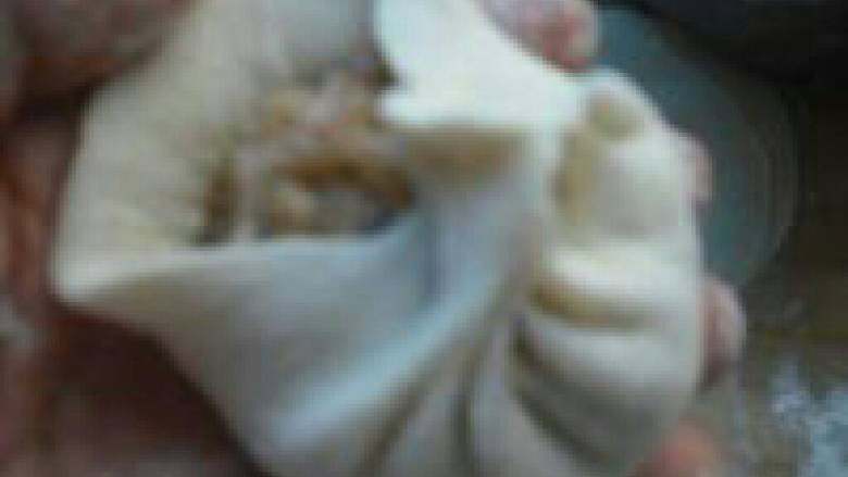 萝卜肉馅包子,包子皮放在手心里,里面放上馅,朝着一个方向用右手捏成褶子收拢在一起,即成为包子;