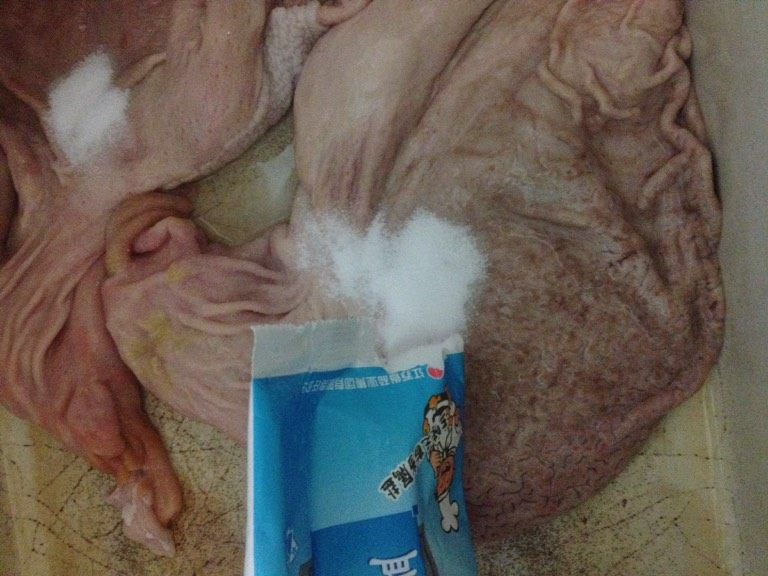如何简单处理猪肚,如图把猪肚翻到正面,用盐搓洗几遍
