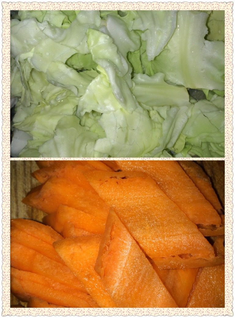 咖喱牛肉蔬菜煲,甘蓝撕块,胡萝卜切菱形块