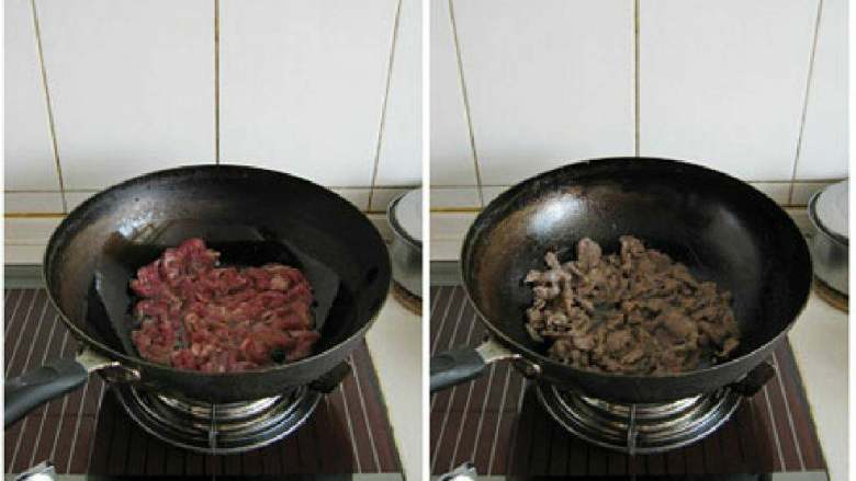 孜然羊肉片,炒锅烧热到用手置于上方能感觉到明显的热气，然后放入适量油，放入羊肉片迅速滑散，炒到肉片变色后盛出；