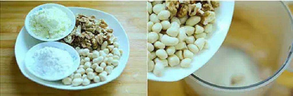 花生核桃糊,泡好的花生仁去掉红衣，准备好<a style='color:red;display:inline-block;' href='/shicai/ 520'>糯米粉</a>和奶粉。将花生仁，核桃仁,<a style='color:red;display:inline-block;' href='/shicai/ 520'>糯米粉</a>一起加入到豆浆机。
