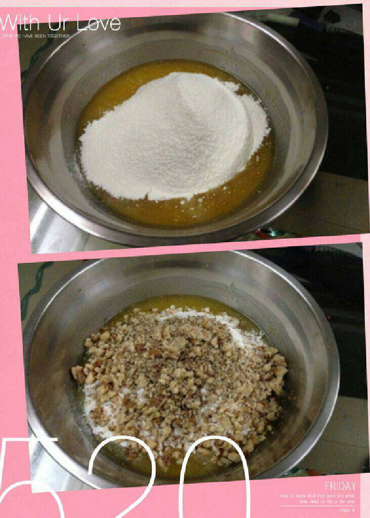 【宫廷核桃酥】, 筛入所有粉类。加入<a style='color:red;display:inline-block;' href='/shicai/ 5056'>核桃仁</a>（事先把核桃敲碎。）用筷子轻轻翻拌均匀。
