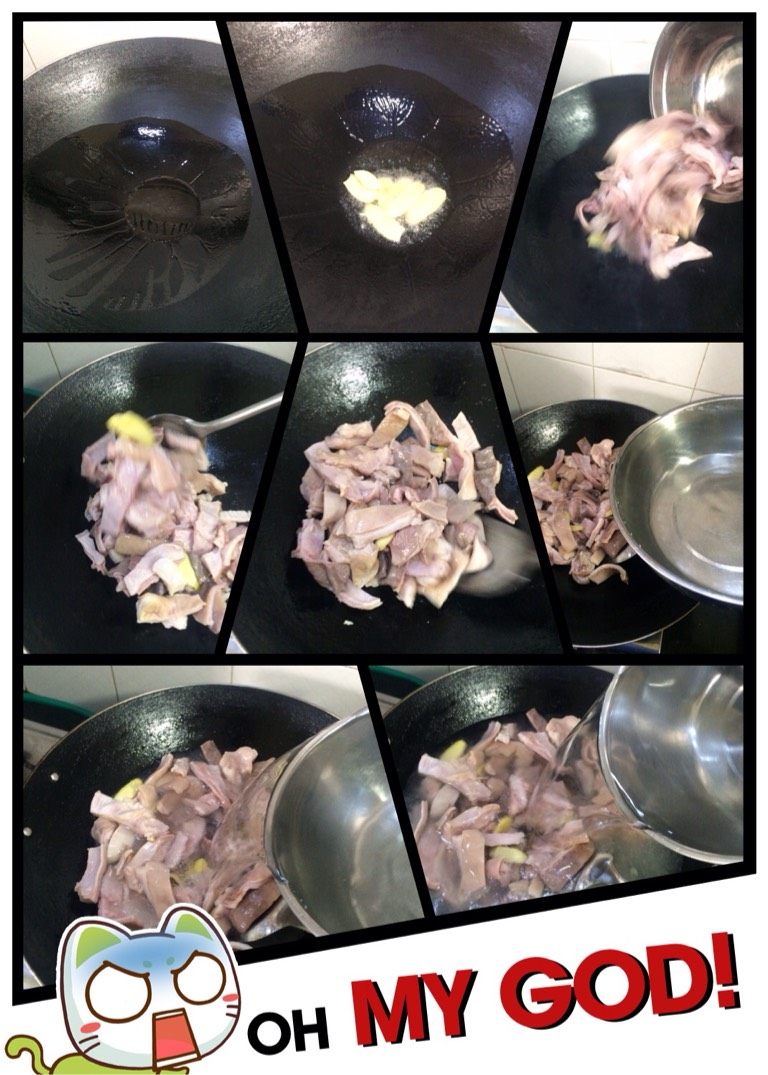 猪肚煲冬瓜,烧热锅后倒油、放姜片,出味后倒入猪肚翻炒,然后加入冷水