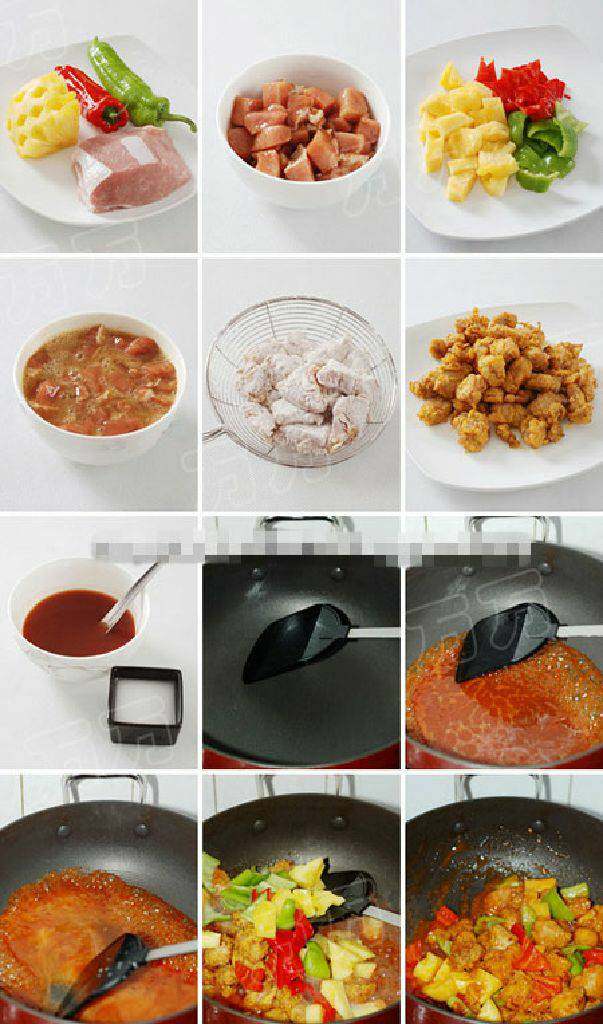 菠萝古老肉,里脊肉切1.5cm见方的块，加<a style='color:red;display:inline-block;' href='/shicai/ 788'>生抽</a>1汤匙，黑<a style='color:red;display:inline-block;' href='/shicai/ 720'>胡椒粉</a>少许，盐3g，淀粉3g，油1汤匙腌制30分钟。<a style='color:red;display:inline-block;' href='/shicai/ 597'>菠萝</a>切与肉差不多大小的块。青红椒分别切块。腌好的肉加打匀的<a style='color:red;display:inline-block;' href='/shicai/ 9'>鸡蛋</a>，拌匀。把肉块在<a style='color:red;display:inline-block;' href='/shicai/ 519'>面粉</a>里滚一圈，使其均匀的粘一层<a style='color:red;display:inline-block;' href='/shicai/ 519'>面粉</a>。放在筛网里抖掉多余的粉。过油中火炸3-5分钟至8成熟。捞出沥干油备用。