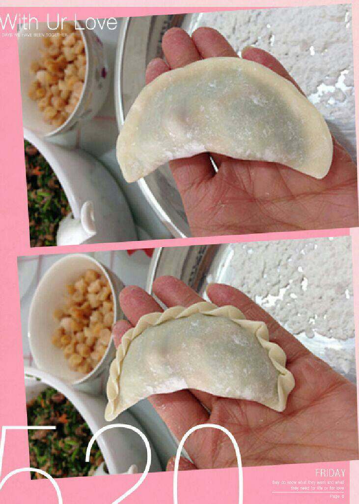 【私房韭菜饺子】,把皮包捏合捏紧起来。边边上再折花。饱满的美美的饺子就完成了。