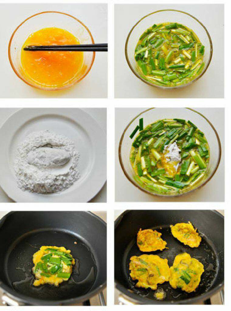 蛋香蚝仔煎,放入韭菜段,将蚝肉裹上淀粉,投入蛋液中,锅子烧热,倒入<a style='color:red;display:inline-block;' href='/shicai/ 851'>橄榄油</a>,用勺捞出蚝肉同时盛着蛋液放到平底锅中煎制,煎至两面金黄盛出即可。