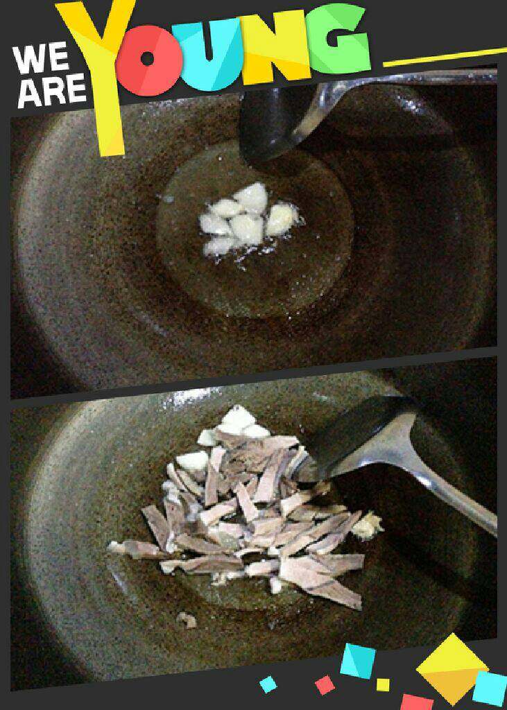 [咸肉丝炒西芹百合],锅内热少许油，爆香蒜片。加入咸肉丝