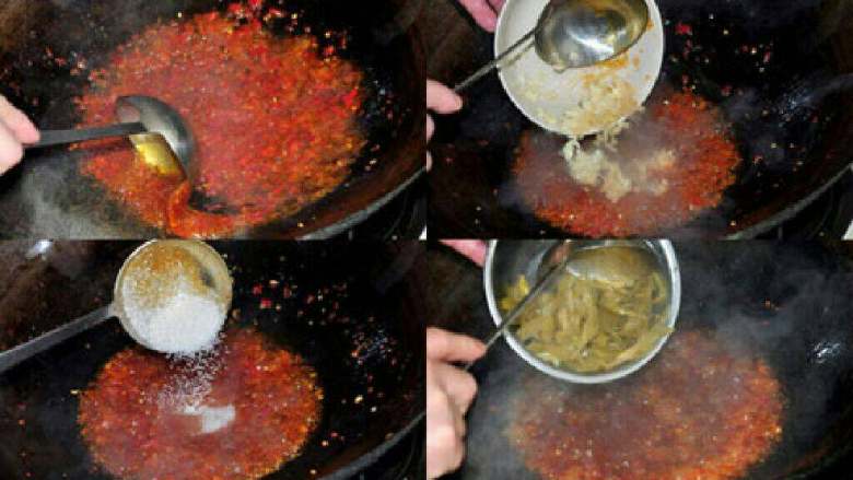 鱼香焦皮酱肘子,炒香出色，下入姜蒜粒并炒香，加入白糖、盐，加入泡青菜丝