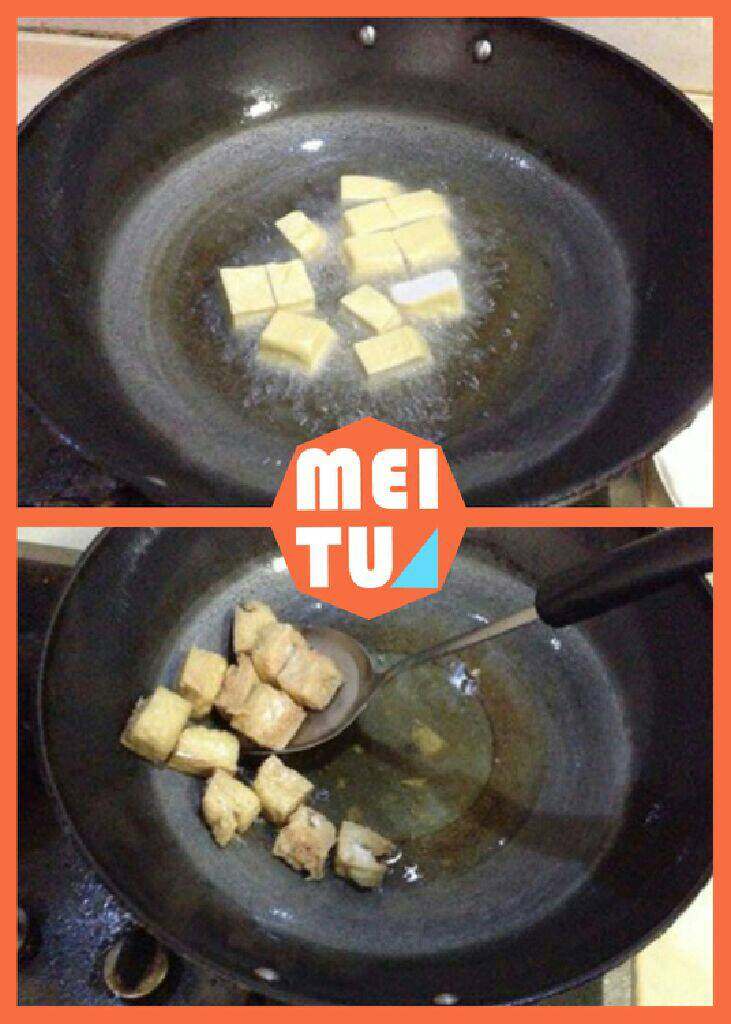 普宁炸豆干炒丝瓜,锅内放多些油,一定要热锅后才入豆干。防止粘锅底。炸至四面金黄酥脆后沥干油出锅。