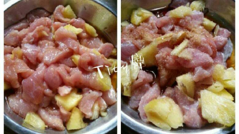 年夜饭菜谱(菠萝荔枝肉),如图，<a style='color:red;display:inline-block;' href='/shicai/ 429'>瘦肉</a>切片，放入姜片，少许<a style='color:red;display:inline-block;' href='/shicai/ 597'>菠萝</a>粒，<a style='color:red;display:inline-block;' href='/shicai/ 717'>味精</a>，盐巴，<a style='color:red;display:inline-block;' href='/shicai/ 692'>酱油</a>，料酒，腌制十几分钟。