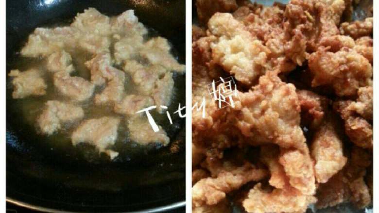 年夜饭菜谱(菠萝荔枝肉),如图，锅中倒适量油，将肉炸至金黄。