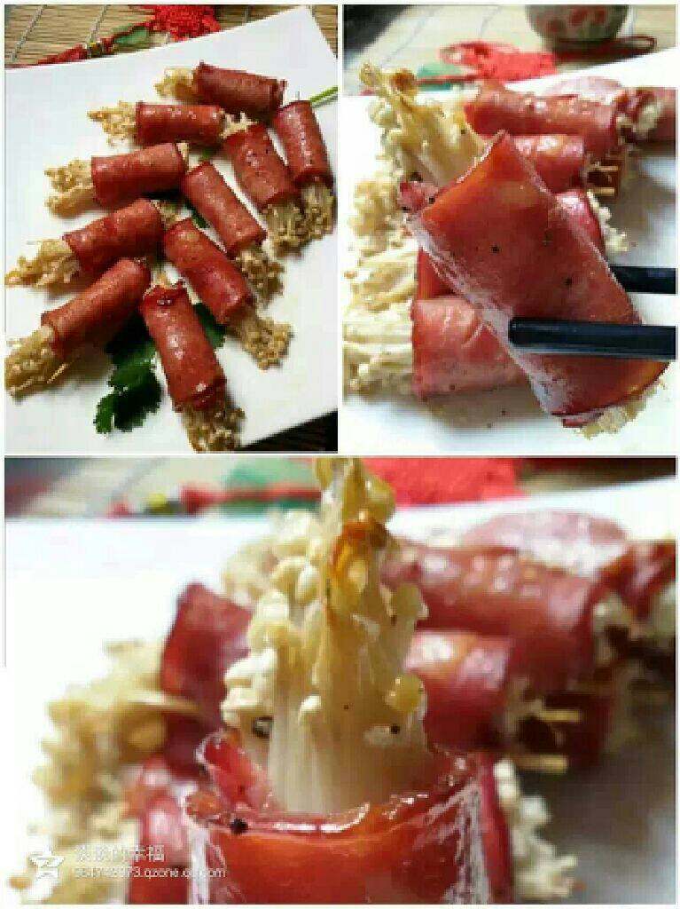 炮竹报喜---培根金针菇卷,烤箱预热180度，中层，上下火，烤25分钟，中间翻一次（大约烤10分钟左右），在烤到20分钟取出，刷上用<a style='color:red;display:inline-block;' href='/shicai/ 865'>蜂蜜</a>，<a style='color:red;display:inline-block;' href='/shicai/ 718'>料酒</a>，<a style='color:red;display:inline-block;' href='/shicai/ 692'>酱油</a>调好的汁烤5分钟即可。