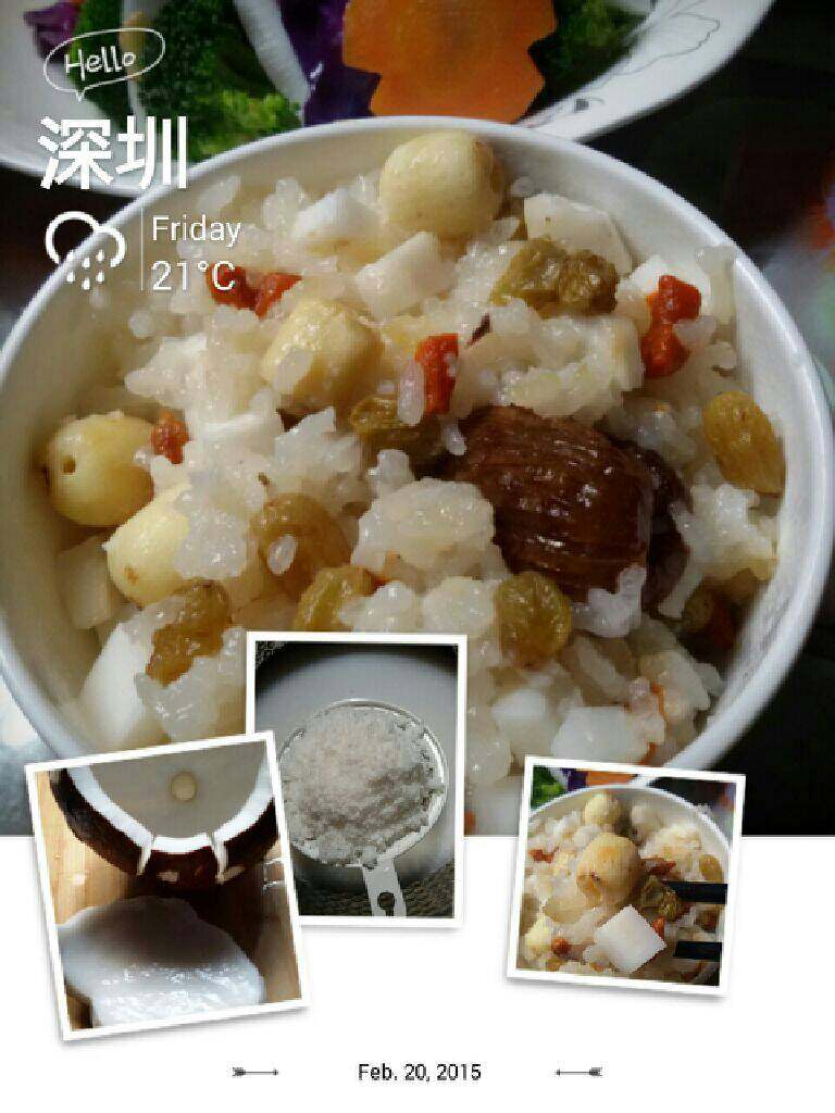椰子肉焖饭,把提前泡好的<a style='color:red;display:inline-block;' href='/shicai/ 674'>莲子</a>，<a style='color:red;display:inline-block;' href='/shicai/ 498'>糯米</a>洗净放电饭锅，加打好椰汁（加和平时煮饭量差不多），椰子肉丁，<a style='color:red;display:inline-block;' href='/shicai/ 603'>葡萄干</a>，<a style='color:red;display:inline-block;' href='/shicai/ 673'>枸杞</a>，<a style='color:red;display:inline-block;' href='/shicai/ 615'>蜜枣</a>，按煮饭键即可（喜欢甜的可以加适量冰糖）。