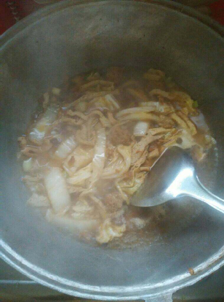 家庭版揽锅菜,放入豆腐丝和丸子炒一下，然后加一点热水