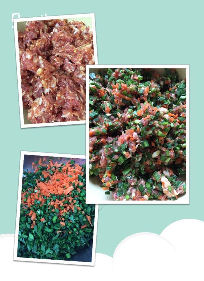 韭菜猪肉胡萝卜饺子,把猪肉剁肉糜、韭菜和胡萝卜切细段，加入适量<a style='color:red;display:inline-block;' href='/shicai/ 788'>生抽</a>味精和姜末顺时针搅拌均匀，馅就做好了。