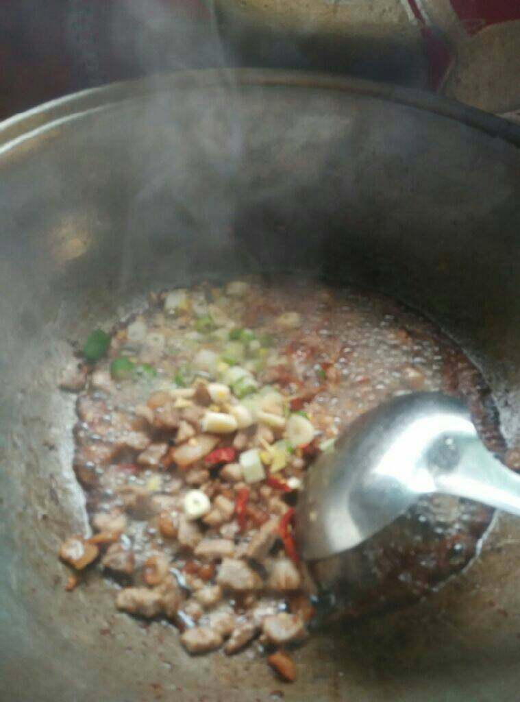 肉丁萝卜捞面,把葱姜蒜，辣椒放入炒出香味