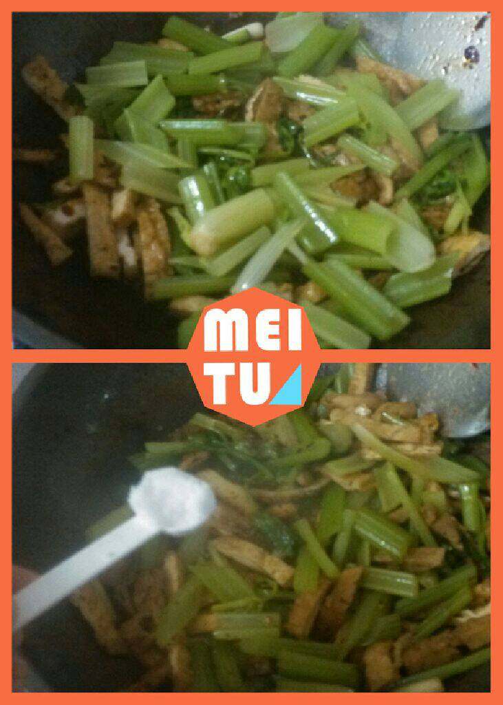 芹菜豆腐干炒肉,倒入烫煮好的芹菜梗翻炒，加一勺盐