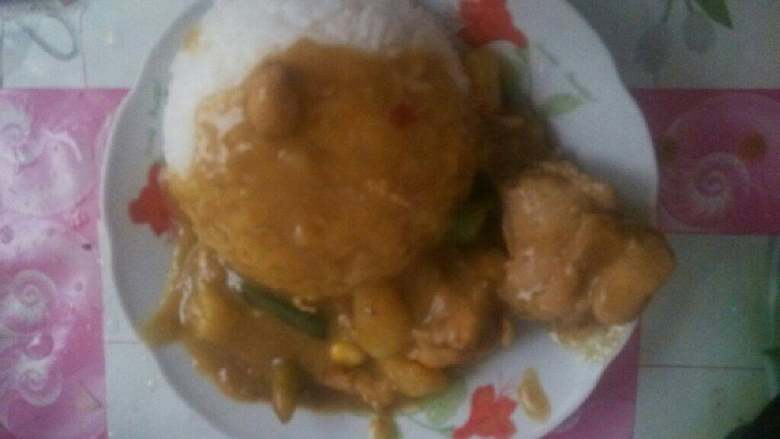咖喱鸡腿饭,倒扣好饭，浇上咖喱汁，放上菜。美味。。。
