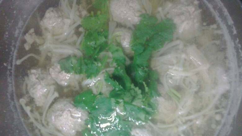 自制肉丸煮金针菇,待肉丸半熟、加入<a style='color:red;display:inline-block;' href='/shicai/ 234'>金针菇</a>、稍煮片刻。加入<a style='color:red;display:inline-block;' href='/shicai/ 131'>香菜</a>点缀即可出锅