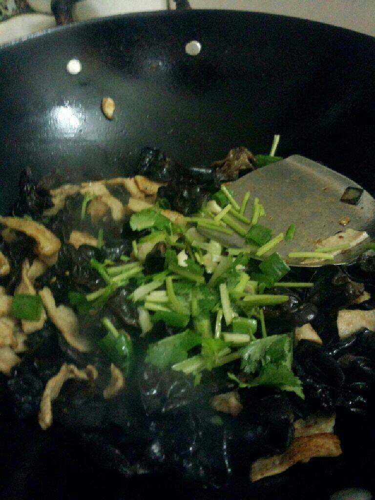 木耳炒杂,在翻炒几下在把葱和香菜一起放入