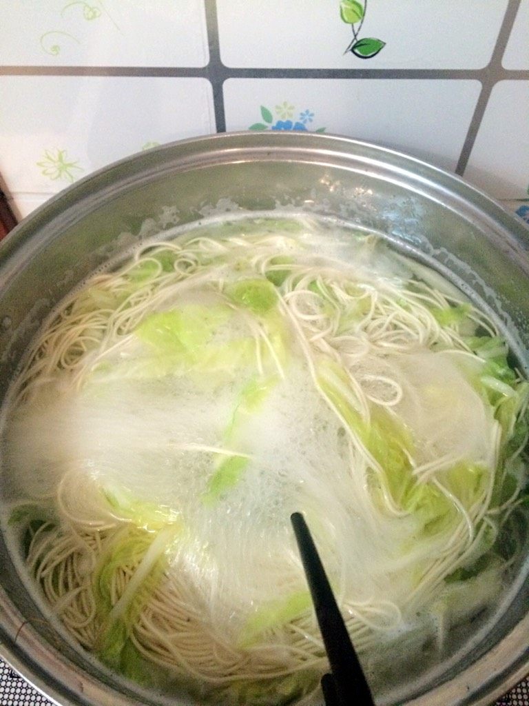 担担两掺,将锅内水烧开，放入白菜，面条