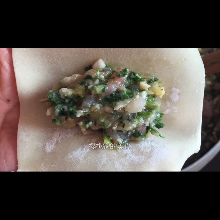竹笋虾仁荠菜馄饨,如图取一张<a style='color:red;display:inline-block;' href='/shicai/ 4453'>馄饨皮</a>摊在手心，用筷子夹适量馅料放在<a style='color:red;display:inline-block;' href='/shicai/ 4453'>馄饨皮</a>中间；