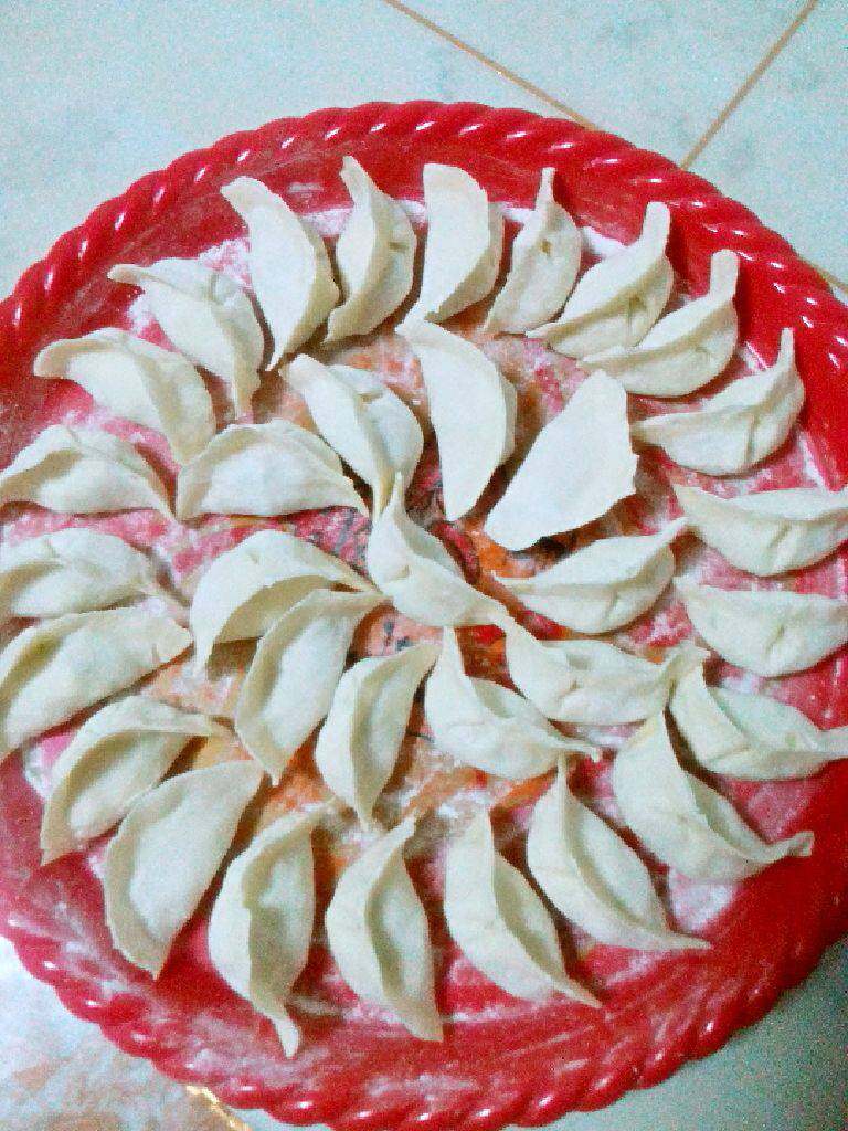西葫芦鸡蛋馅饺子,和好饺子面醒一会,做成面皮后,包好饺子,如图。