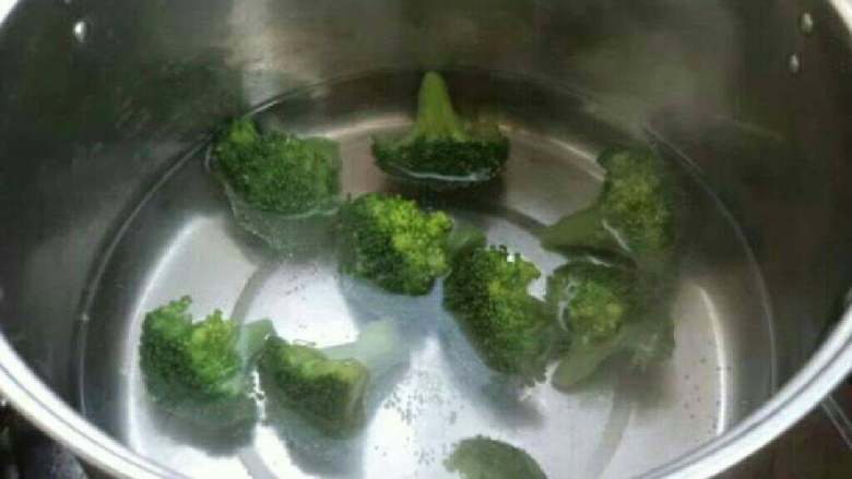 西蓝花山药,西蓝花入锅焯水后捞出放在冷水中浸泡。