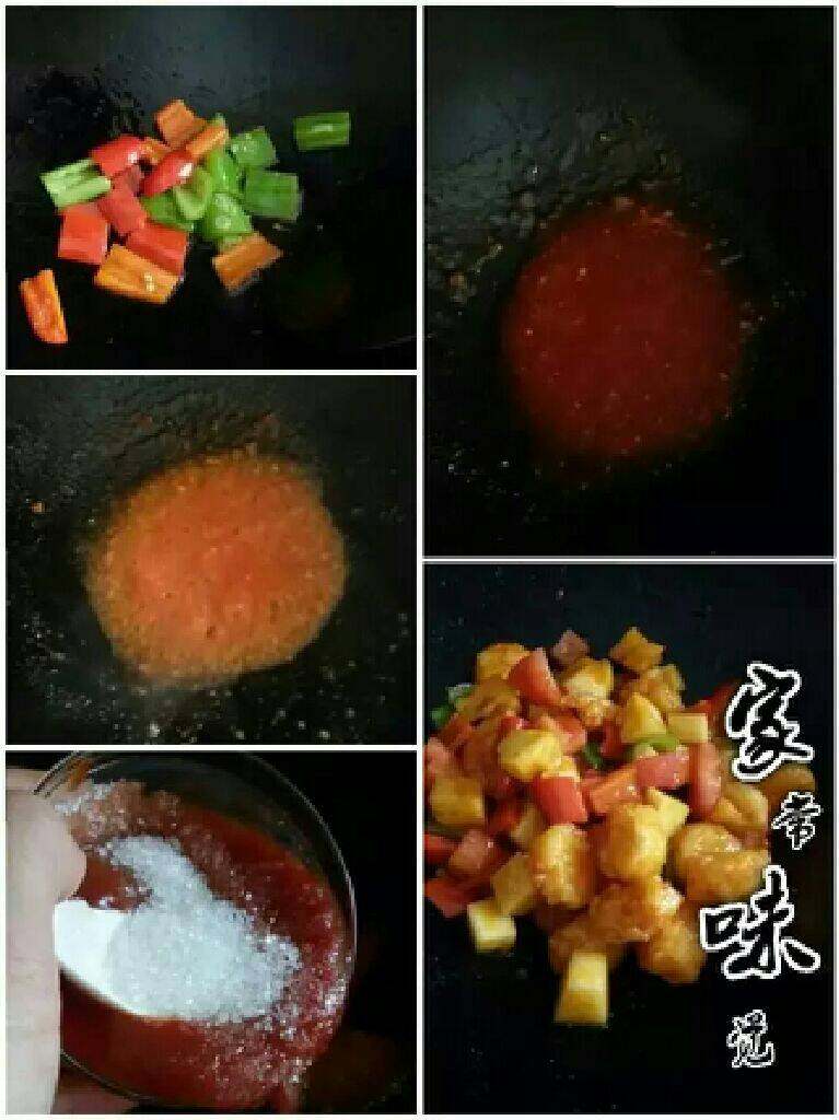 菠萝咕噜日本豆腐,锅留一点点底油，加入青红辣椒翻炒捞出，再倒入刚挖出的番茄籽炒至汤变浓稠，倒入<a style='color:red;display:inline-block;' href='/shicai/ 699'>番茄酱</a>，<a style='color:red;display:inline-block;' href='/shicai/ 3729'>白糖</a>继续翻炒，倒入青红辣椒，番茄块，菠萝块，日本豆腐块翻炒均匀即可。