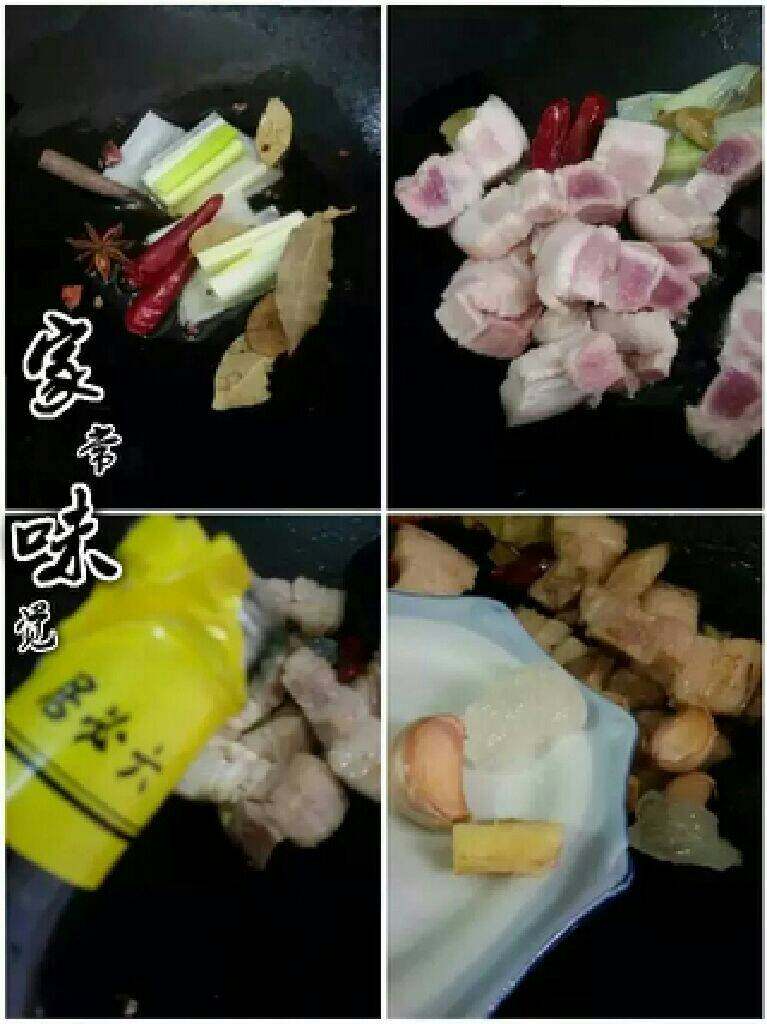 春笋烧五花肉,锅加适量油，放<a style='color:red;display:inline-block;' href='/shicai/ 710'>桂皮</a>，<a style='color:red;display:inline-block;' href='/shicai/ 695'>八角</a>，<a style='color:red;display:inline-block;' href='/shicai/ 741'>香叶</a>，<a style='color:red;display:inline-block;' href='/shicai/ 700'>花椒</a>，<a style='color:red;display:inline-block;' href='/shicai/ 86474'>干辣椒</a>，<a style='color:red;display:inline-block;' href='/shicai/ 3250'>葱</a>白煸出香味，放五花肉煸炒至表面微黄，放<a style='color:red;display:inline-block;' href='/shicai/ 718'>料酒</a>，<a style='color:red;display:inline-block;' href='/shicai/ 37'>姜</a>，蒜（蒜不需去皮），<a style='color:red;display:inline-block;' href='/shicai/ 866'>冰糖</a>翻炒。