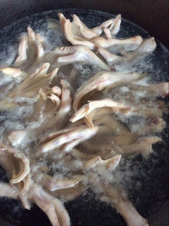 酸萝卜炖鸭掌(掌上感觉),先将鸭脚放锅中加水烧开除一次水,撇去白色泡沫,用清水冲洗干净