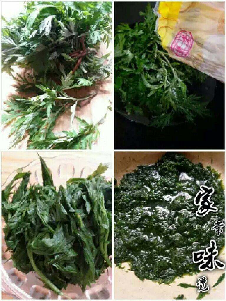 艾叶糯米团,新鲜艾叶清洗净,锅加清水烧开放入艾叶(加适量小苏打)焯烫捞出,将艾叶捣碎。