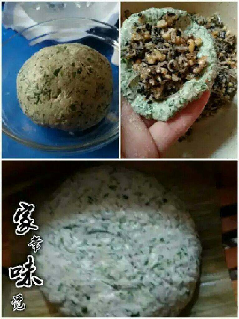 艾叶糯米团,取适量大小面团压扁,放入馅包好,放在铺有粽叶(干粽叶提前泡好煮一下)的屉中。
