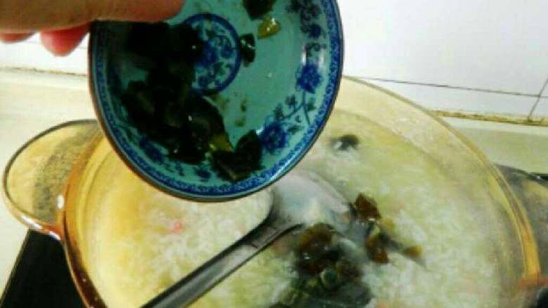 自制咸肉皮蛋粥,米粥熬煮米开火浓稠，加咸肉丁和皮蛋丁。