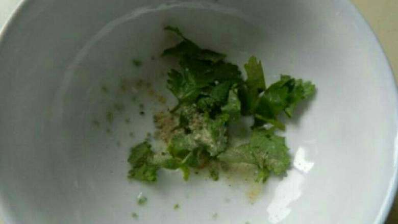 青椒猪肉汤水饺,碗中加入少许盐,胡椒粉,鸡精和香菜。