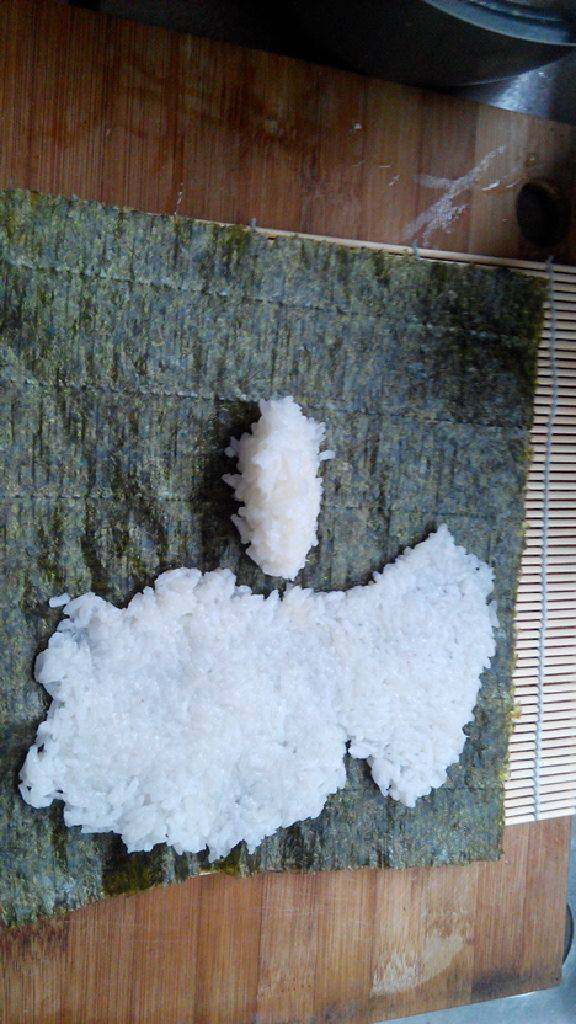 自制寿司,米饭均匀的平铺在紫菜上，用勺子压压平铺满；不要铺的太厚，约0.5cm的厚度就可以；