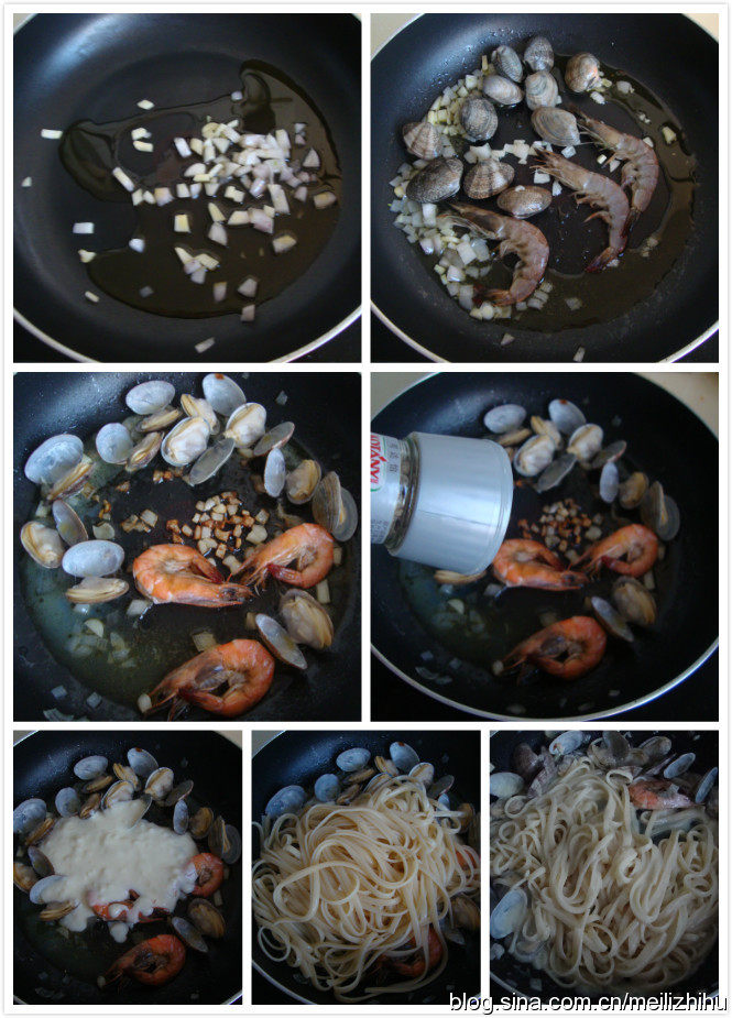白酱海鲜意面,放煮好的意面和酱汁炒匀,撒点<a style='color:red;display:inline-block;' href='/shicai/ 2784'>欧芹</a>