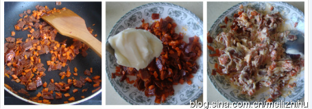 意大利香肠薄饼卷,把香肠和胡萝卜炒熟、炒香，放入<a style='color:red;display:inline-block;' href='/shicai/ 5382'>蛋黄酱</a>拌匀