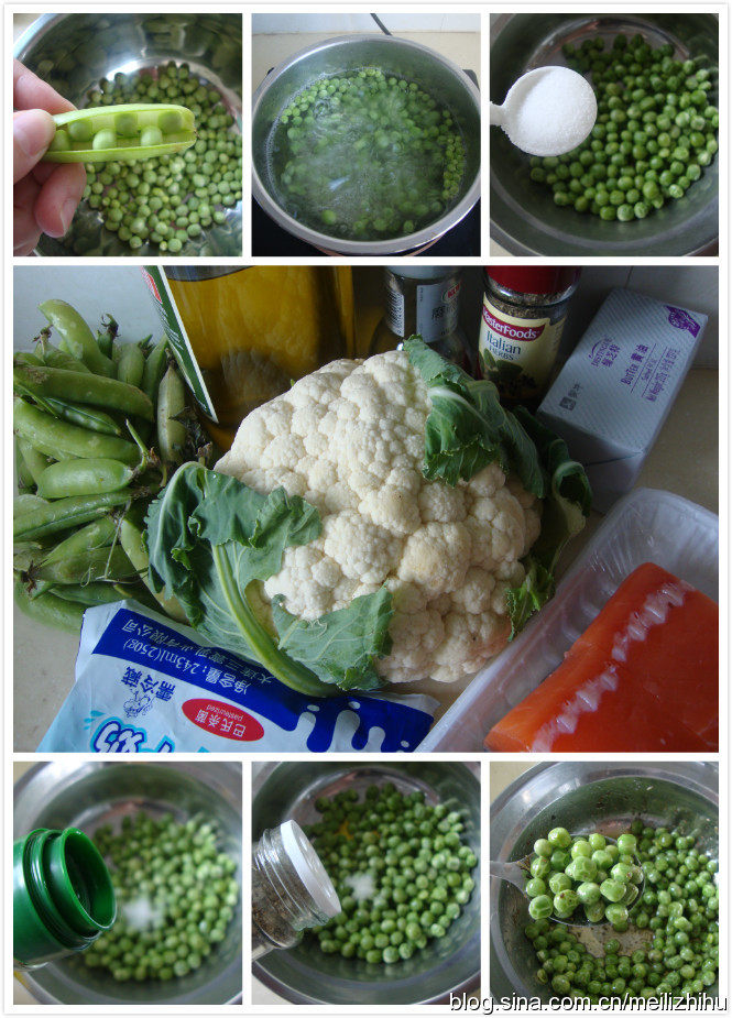 煎三文鱼配香草豌豆 ,<a style='color:red;display:inline-block;' href='/shicai/ 148'>豌豆</a>剥去外皮，煮熟捞出，加<a style='color:red;display:inline-block;' href='/shicai/ 851'>橄榄油</a>、盐、复合香草拌匀