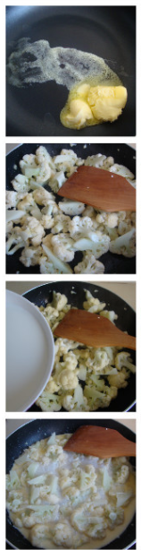 煎三文鱼配香草豌豆 ,<a style='color:red;display:inline-block;' href='/shicai/ 63'>菜花</a>切成小朵，用<a style='color:red;display:inline-block;' href='/shicai/ 887'>黄油</a>炒香，倒入<a style='color:red;display:inline-block;' href='/shicai/ 219'>牛奶</a>炖至软烂，盛出稍微冷却一下