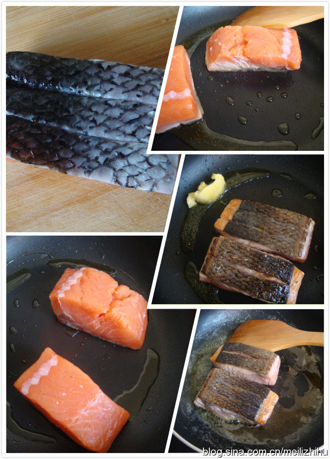 煎三文鱼配香草豌豆 ,三文鱼在鱼皮的一面划几刀，用橄榄油煎至定型，翻面，放一块黄油再煎一下